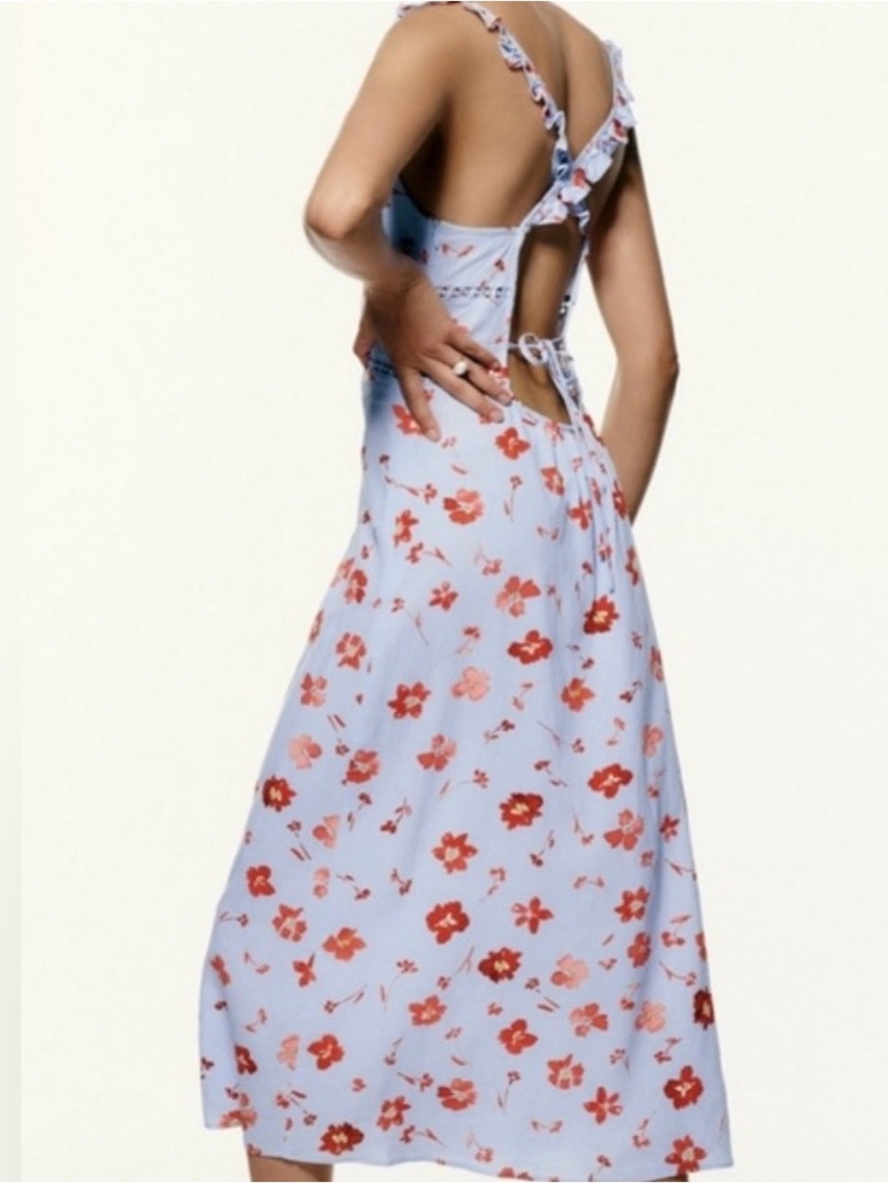 Zara Pale Blue Backless Midi Dress with Red Floral Print